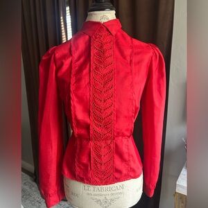 vintage 80s red jacquard mock neck long sleeve blouse.